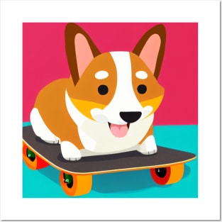 Skateboarding Corgi Dog Posters and Art